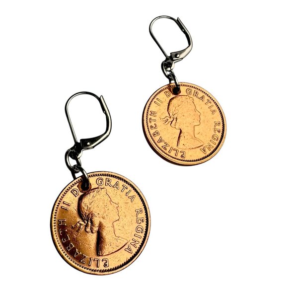 Canadian Penny Pierced Dangling Earrings Repro of 1956 Copper Currency - Picture 1 of 5